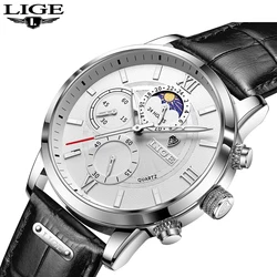 LIGE 2024 Brand New Men's Watches Leather Chronograph Waterproof Sports Automatic Date Quartz Watches for Men Relogio Masculino