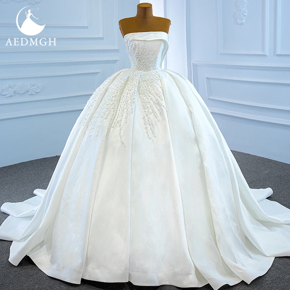 Aedmgh A-Line Matte Satin Wedding Dresses Boat Neck Strapless Robe De Mariee Lace Beaded Classic Custom Made Bridal Gown