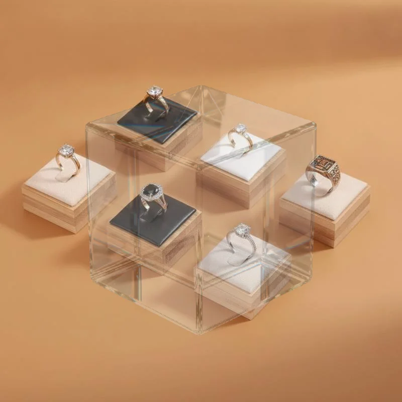 Ring Display Stands For Selling Square Bamboo Single Wood Ring Holder Organizer With Velvet Mat For Rings Trade