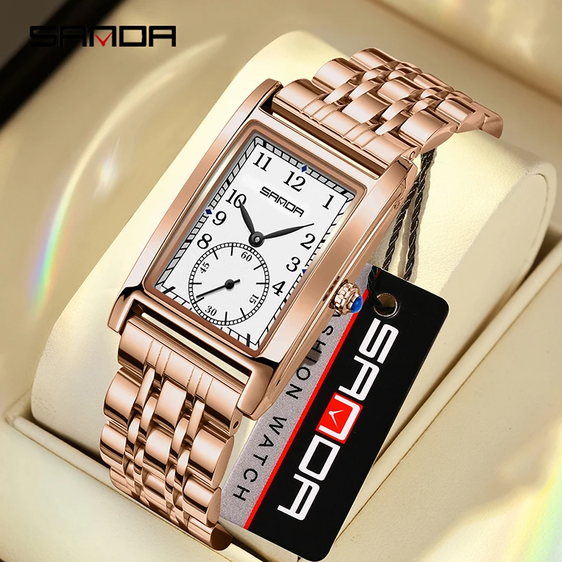 SANDA 1149 Retro Watches Men Woman Casual Square Dial Fashion Steel Strap Quartz Movement Wristwatch for Couples relógio