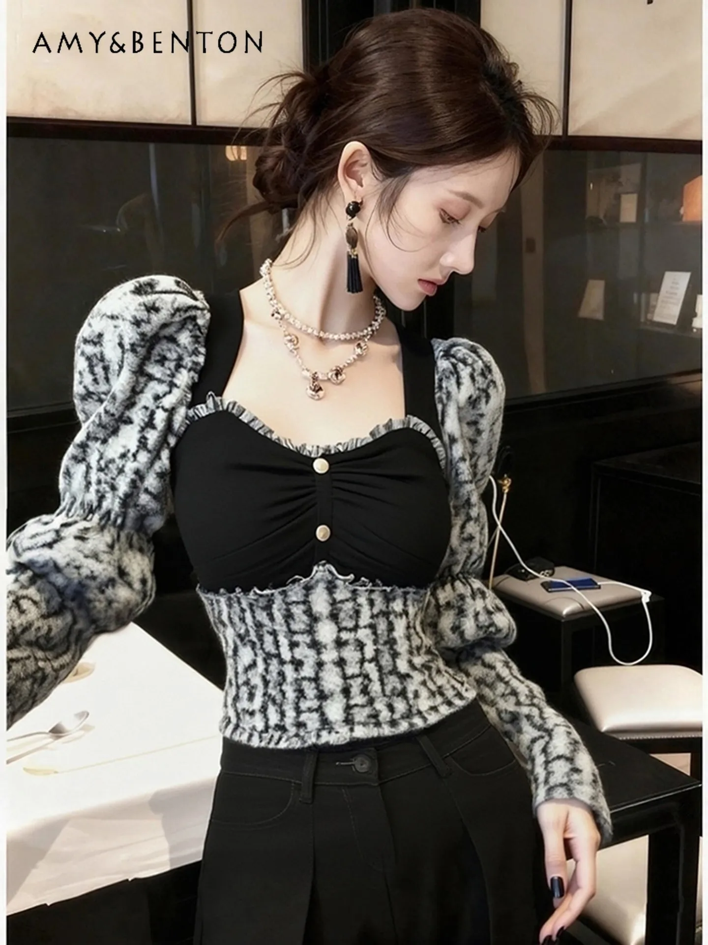 

Весенне-осенний женский топ в корейском стиле для повседневной носки, премиум-класса, бело-черный, с лоскутным дизайном, приталенный, с коротким или длинным рукавом