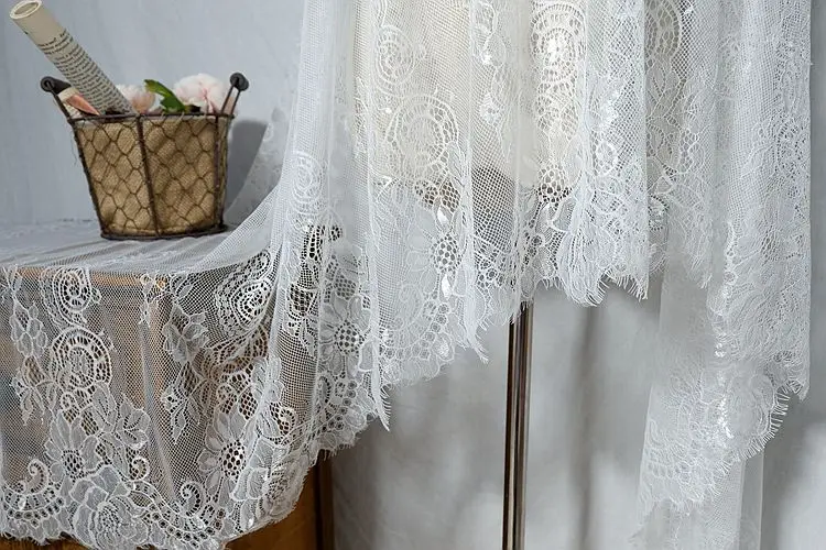 

New Soft Chiffon Fabric, 70 Centimeters Wide, with Eyelash Lace Trim, Suitable for DIY Clothing, Wedding Dresses, and Curtains