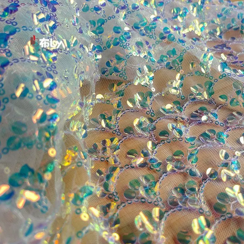 Round Small Sequin Iridescent Gradient Fabric, For DIY Dress & Decoration, Designer Clothing Refashion Material