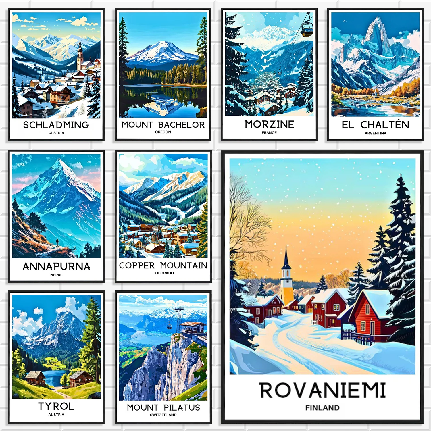 Vibrant Winter Ski Mountain Landscape Canvas Wall Art Retro Travel Poster Snowy Alpine Village Scenery Print Home Decor Gift