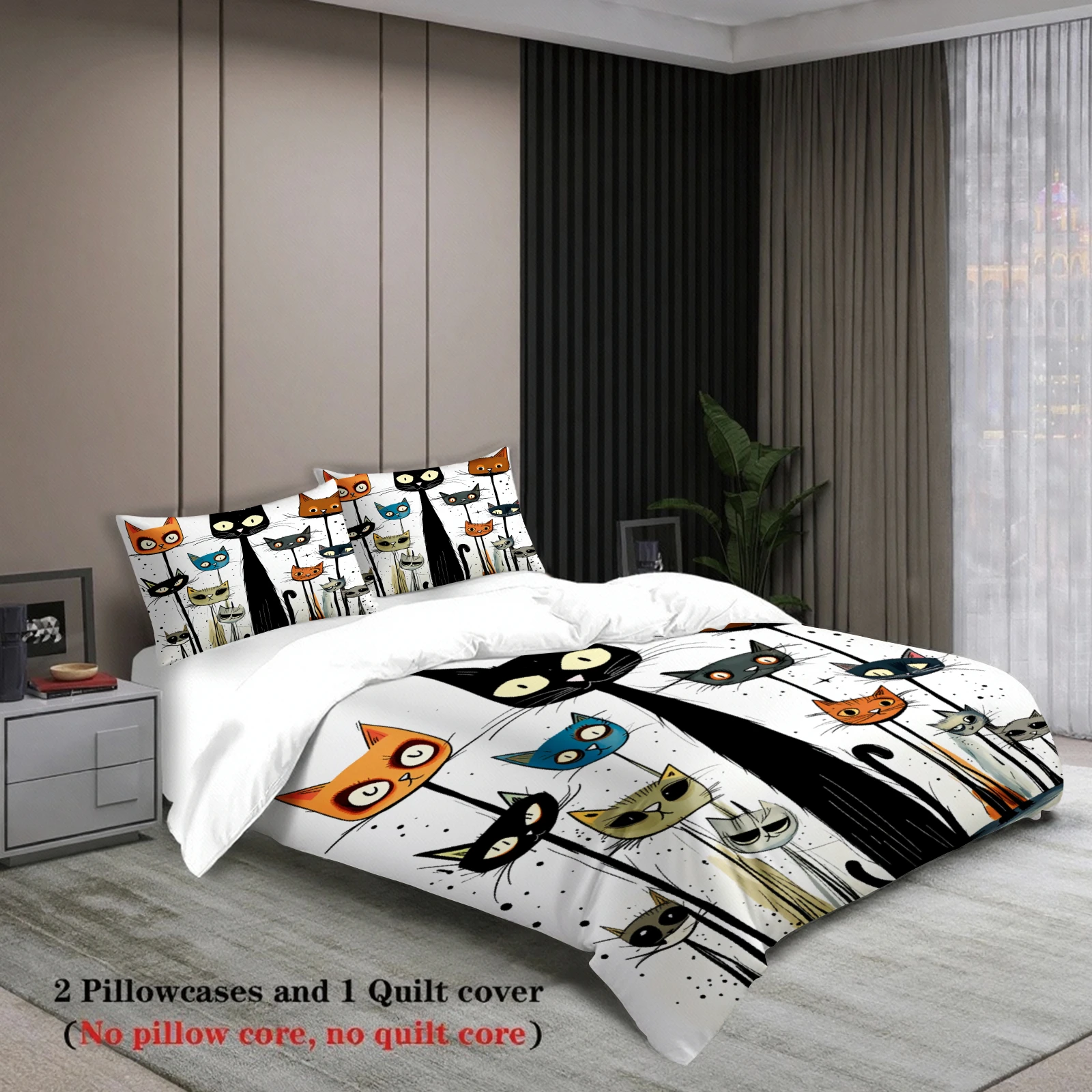 Cat Theme Bedding Set White Color Cartoon Cats Pattern With Duvet Cover Pillowcases For Bedroom Decor