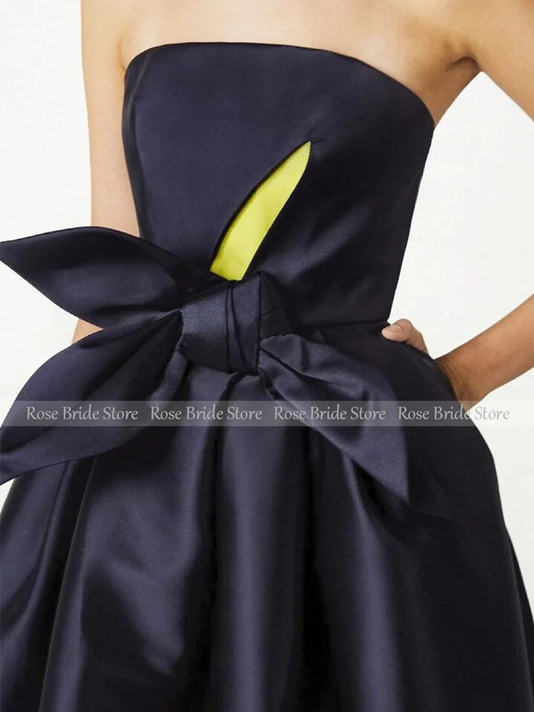 Classic Party Dress Navy Blue Satin Contrast Color Bow Ruched Bespoke Occasion Gown A-line Strapless Formal Dress Women Elegant