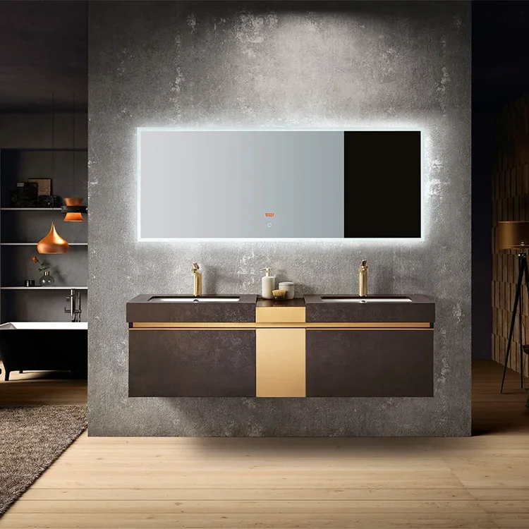 Modern Double Vanity Bathroom Sink Cabinet Wall-Mounted Floor-Mounted Steel Sink with Hotel Apartment Mirror