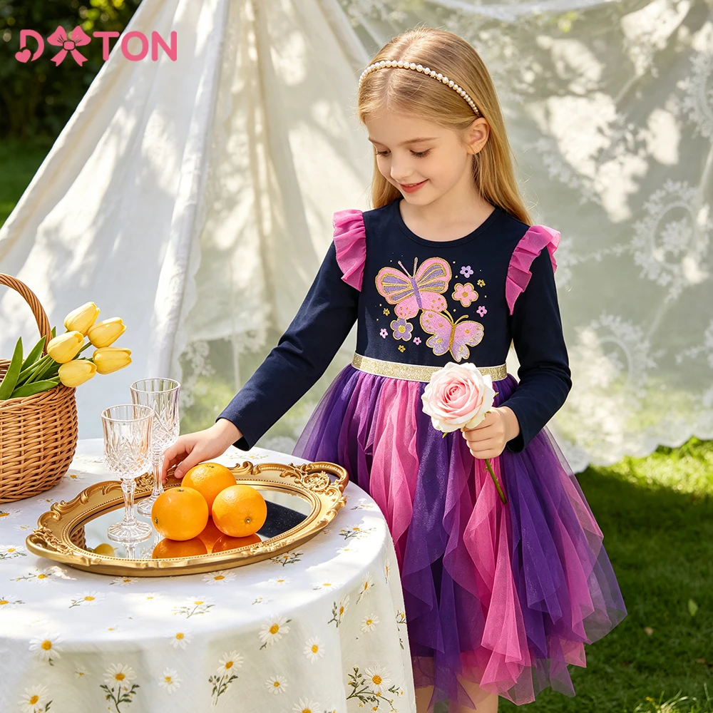 Winter Clothing Toddler Girl - DXTON ชุดเดรสเจ้าหญิงสำหรับงานวันเกิดเด็ก ของขวัญสำหรับเด็กผู้หญิง ผ้าฝ้ายลายผีเสื้อ ชุดเด็กวัยหัดเดินสำหรับวันหยุด เสื้อผ้าตาข่ายแบบไม่สมมาตร