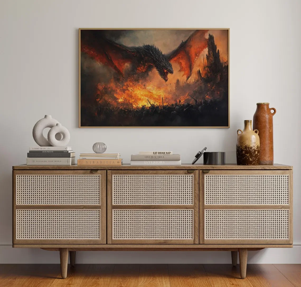 Epic Dragon Battle Canvas Wall Art | Dark Fantasy Fire Breathing Dragon Painting | Medieval War Fantasy Decor | Game Room Poster