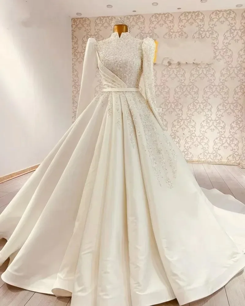 

Customized 2026 Modest Muslim Wedding Dresses For Woman Ivory Satin Sequin Beading A Line High Neck Bridal Gowns Vestidos De