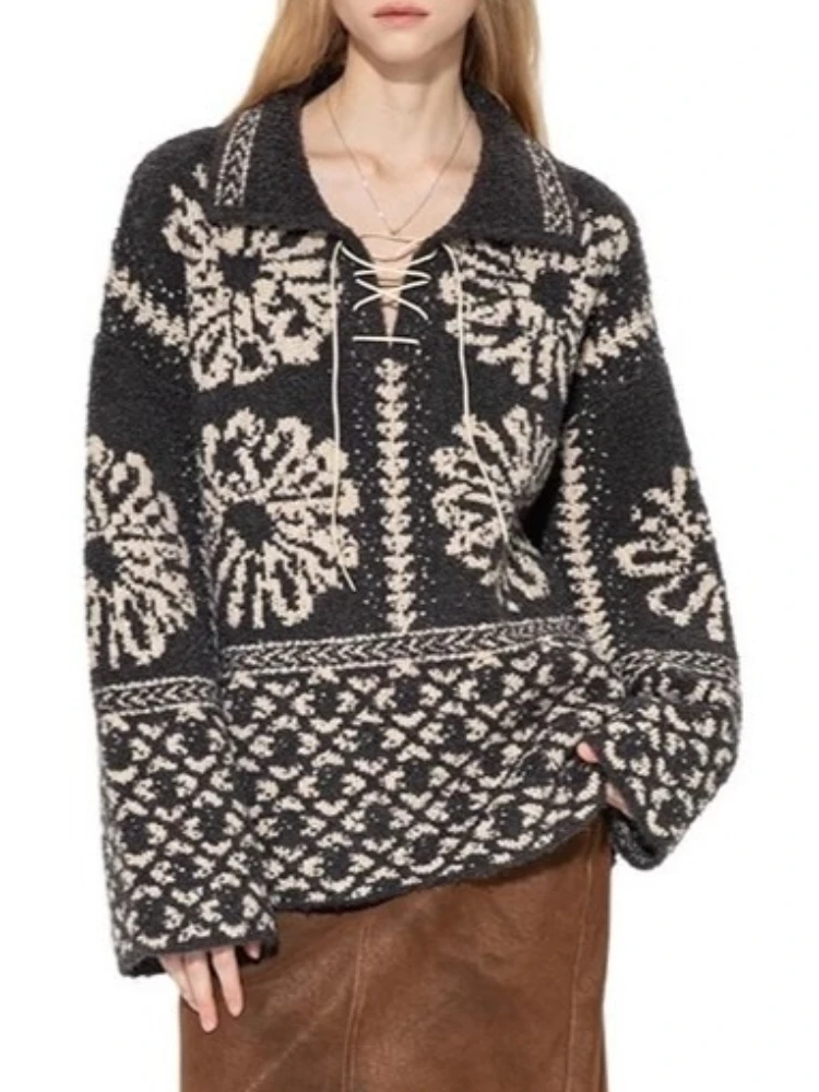 

American Streetwear Pullovers Bandage Turn Down Collar Flower Jacquard Sweaters Y2k Harajuku Vintage Knit Tops Women's Clothing
