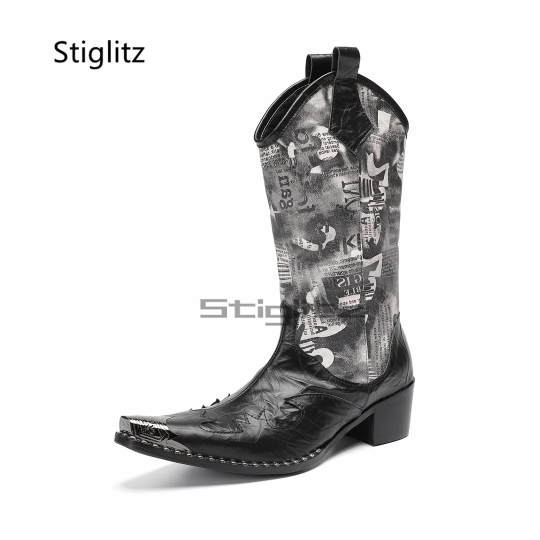 الرجال ليوبارد طباعة أحذية ركوب الخيل التطريز الطوطم جلد طبيعي عالية الكعب الأحذية الغربية Patckwork المعادن تو منتصف العجل الأحذية