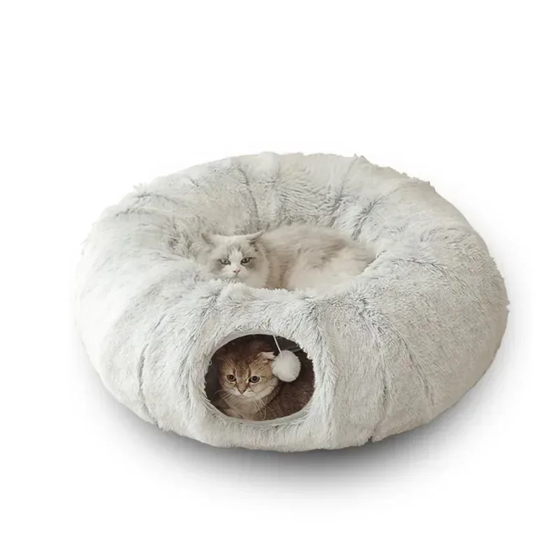 Plush Cat Bed with Tunnel for Indoor Cats, Multifunctional Cat Tunnel Bed with Peephole, Fluffy Donut Cat Bed with Tunnel