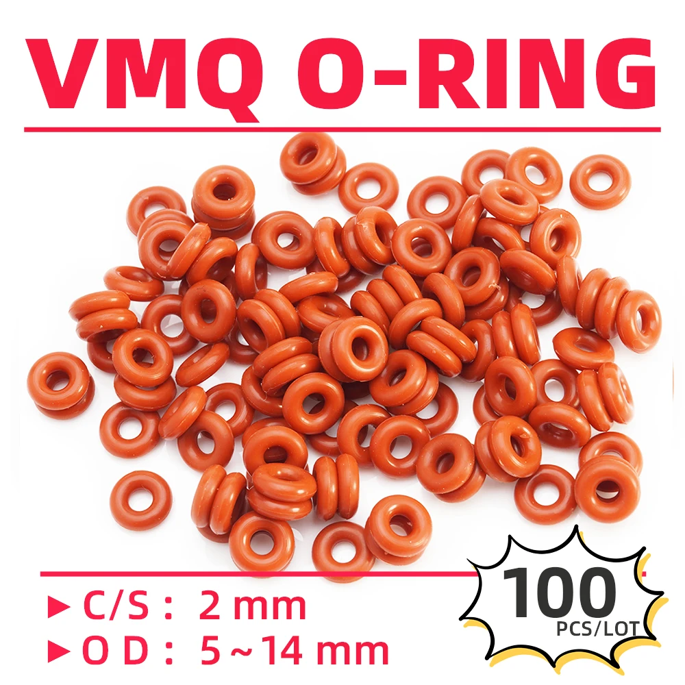 100PCS/Lot Rubber Red VMQ CS2 mm OD 5/5.5/6/6.5/7/7.5/8/8.5/9/9.5/10/10.5/11/11.5/12 mm O Ring Gasket Oil Resistant Waterproof