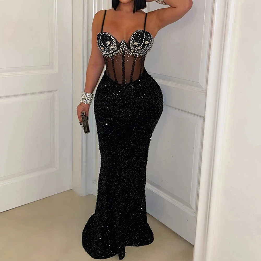 Long Dresses With Sleeves Strapless Sequin Womens Dresses See-through Elegant Party Evening Dress Birthday Prom Maxi Dress XSY22