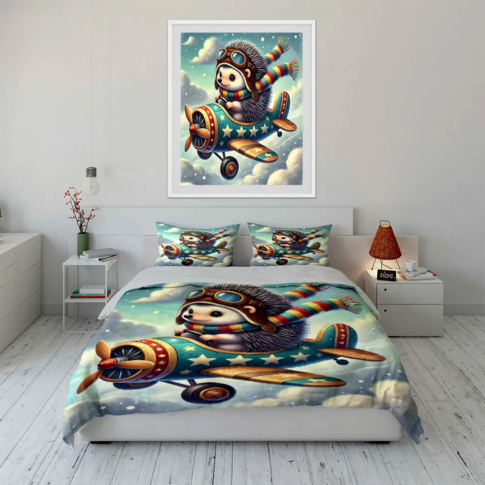 Hedgehog flying tiny airplane Print Soft Comfortable Duvet Cover Bedding Set Included 1*Duvet Cover  2*Pillowcases Luxury Gift