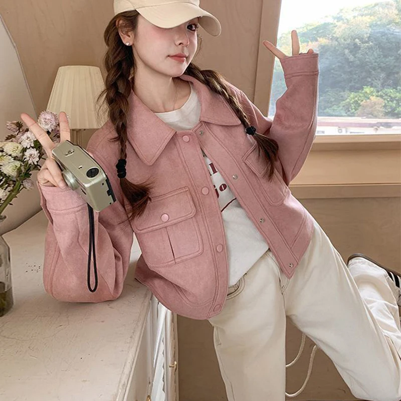Pink Sweet Pocket Jacket Women Fashion Faux Suede Turn Down Collar Cropped Jacket Spring Autumn Casual Loose Chic Outwear New