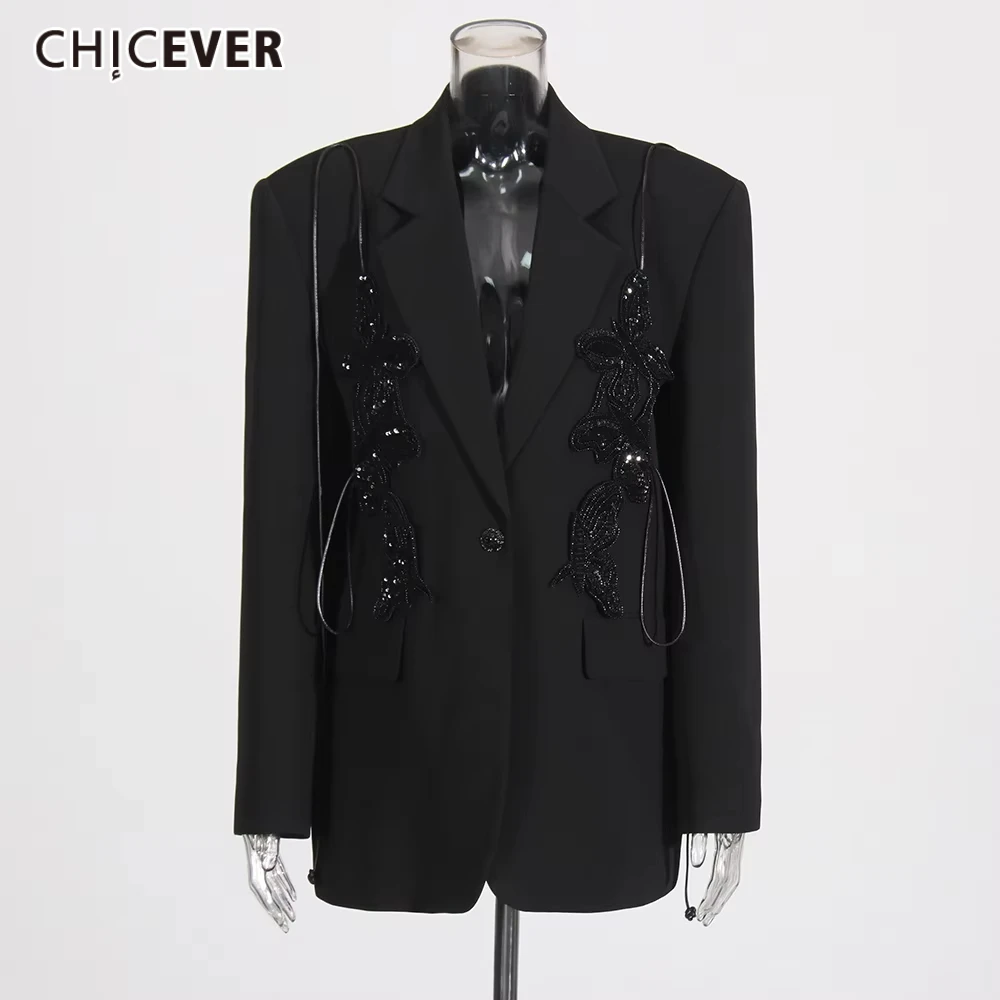 CHICEVER Solid Loose Spliced 3D Decoration Blazer for Women Notched Neck Long Sleeves Patchwork Chain Coat Female Clothing New