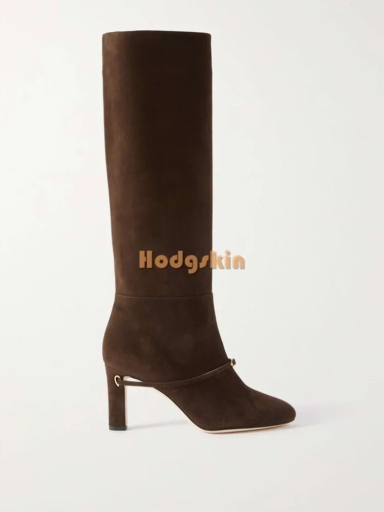 Retro Buckle Straps Knee-high Boots Suede Solid Pointed Toe Slip-on Sqaure Heel Modern Boots 2025 Women New Winter Fashion Shoes