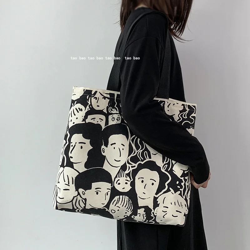 2024 New Korean Style Large Capacity Canvas Bag Single Shoulder Preppy Lady Casual WOMEN Animal Prints Patchwork Geometric