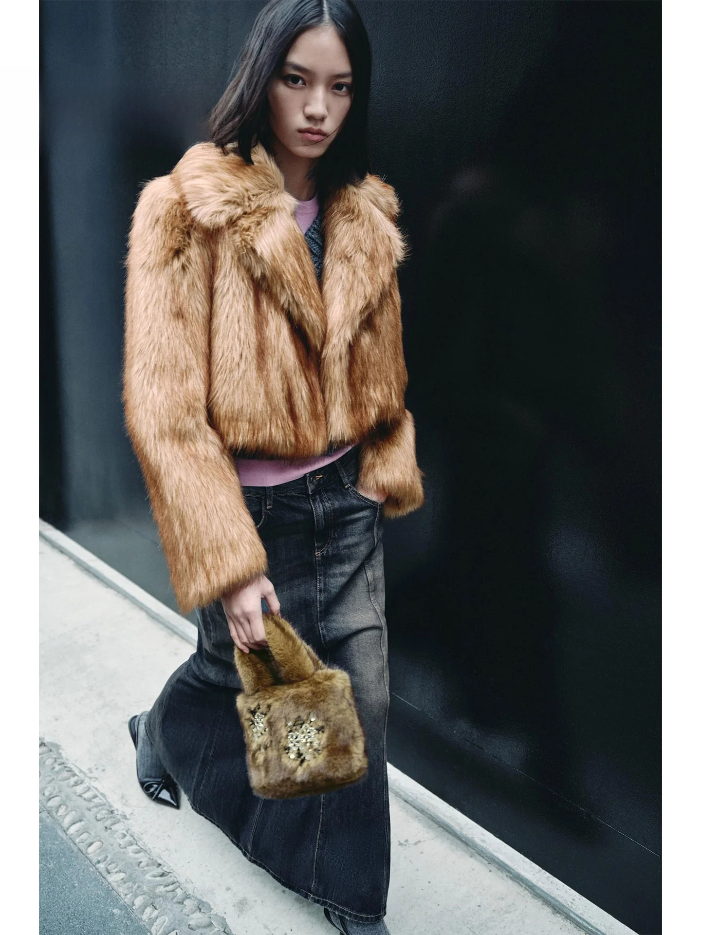 

ZAPRHA Sli ort Artificial Fur Jaet for Women Ele Casual Sle Stand Fit Winter 2025 Long Sve Button Closure