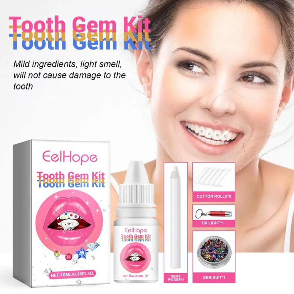 Eelhope Kit di gioielli per denti Kit di gemme per denti fai da te con colla Decorazione di gioielli in pietra luminosa per denti scintillanti Preziosi e denti C J6A2