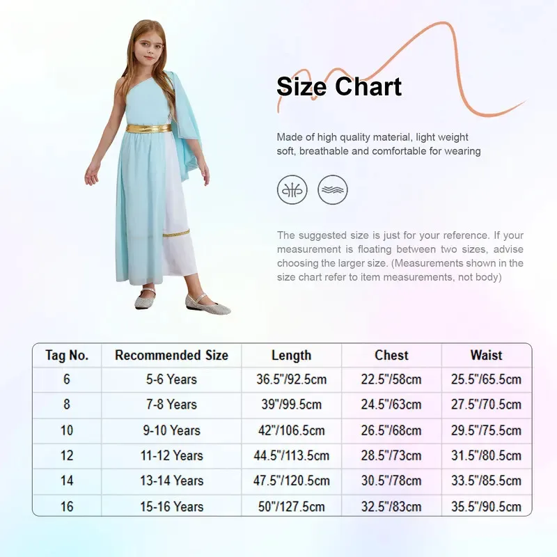Costume cosplay per bambina, ninfa greca, toga, volant, monospalla, maxi vestito da ballo lirico, antico dio romano, per spettacolo scolastico