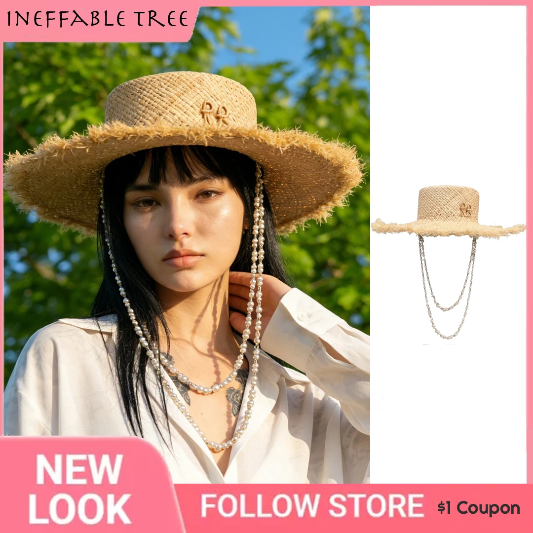 

Французская широкополая шляпа из рафии для женщин, для пляжного отдыха, повседневная летняя, с буквенным дизайном, с жемчужной цепочкой, плоский верх, кепка-горрас
