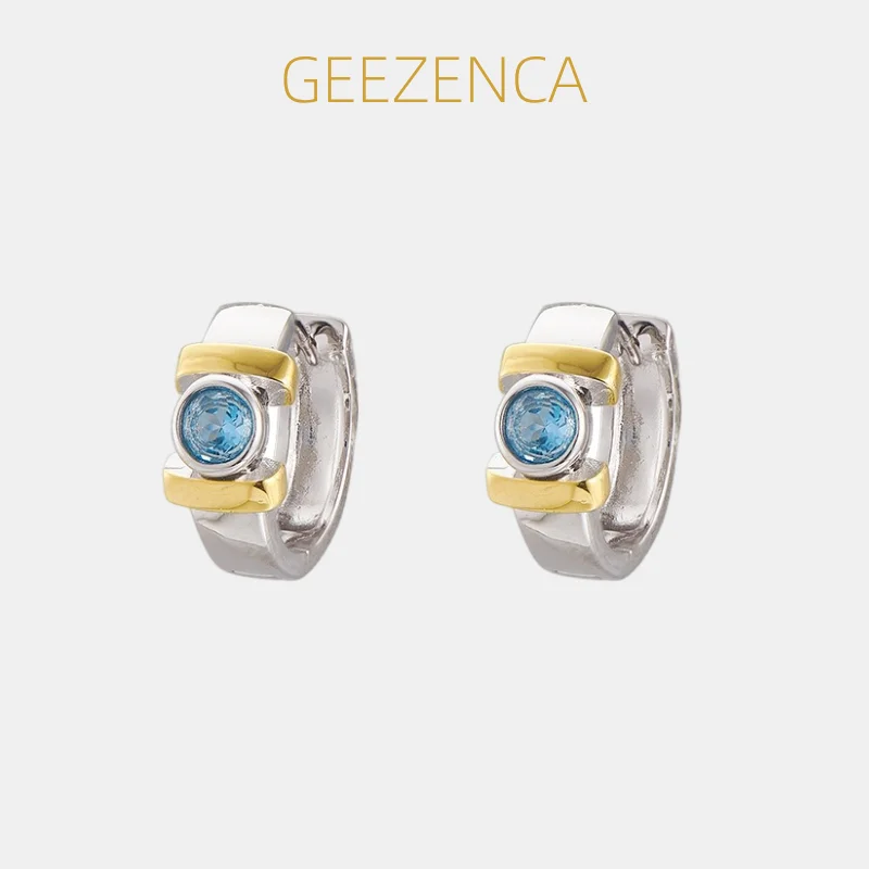 

GEEZENCA 925 Silver Two Toned Blue Topaz Stone Huggie Hoop Earrings Women Trendy Dainty Lightweight Stack Small Earring Her Gift