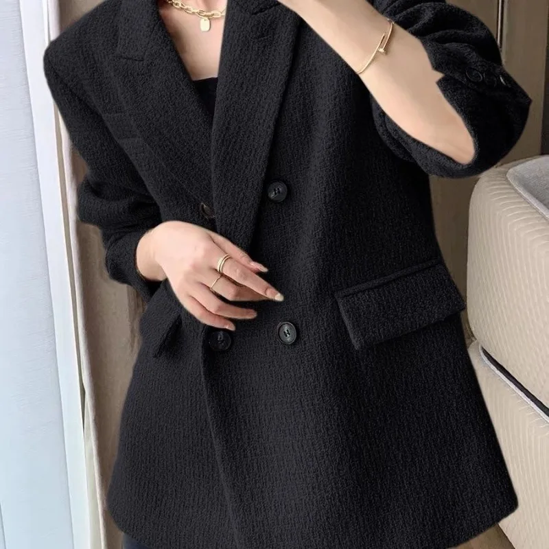 Preppy Style Suit Coats Turn-Down Collar Woman Fleece Jacket Lady Casual Long Sleeve Overcoat Autumn Winter Snow Outerwear