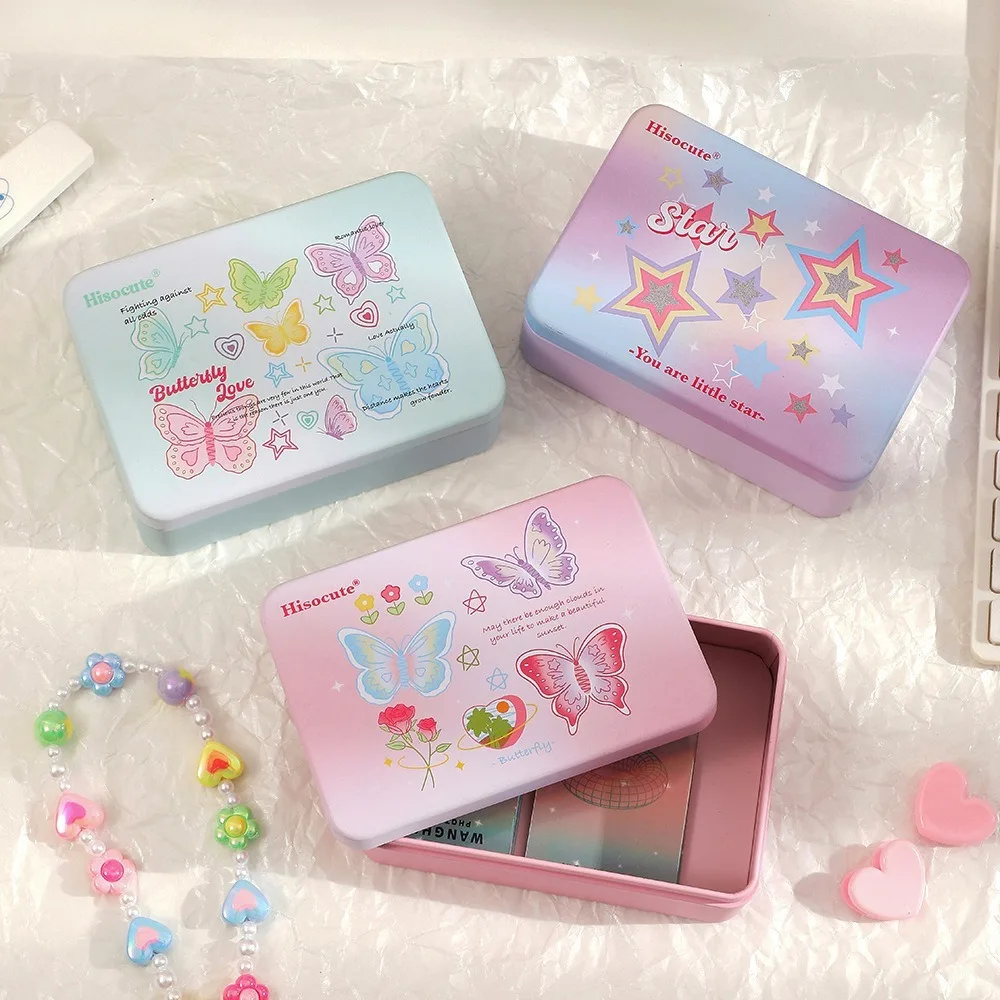 Metal Empty Tin Box School Stationery Butterfly Print Idol Photocards Holder Rectangular Multifunctional Sticker Storage Box