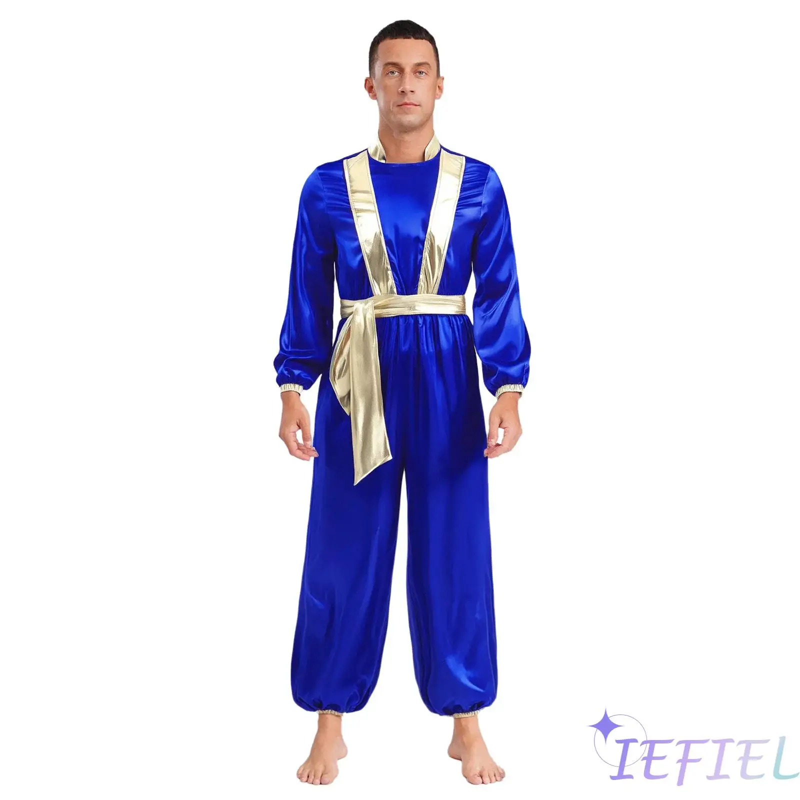 

Men Halloween Arabian Prince Costume Long Sleeves Back Zipper Gold Shiny Metallic Arabian Jumpsuit Fairy Tale Cosplay Suits