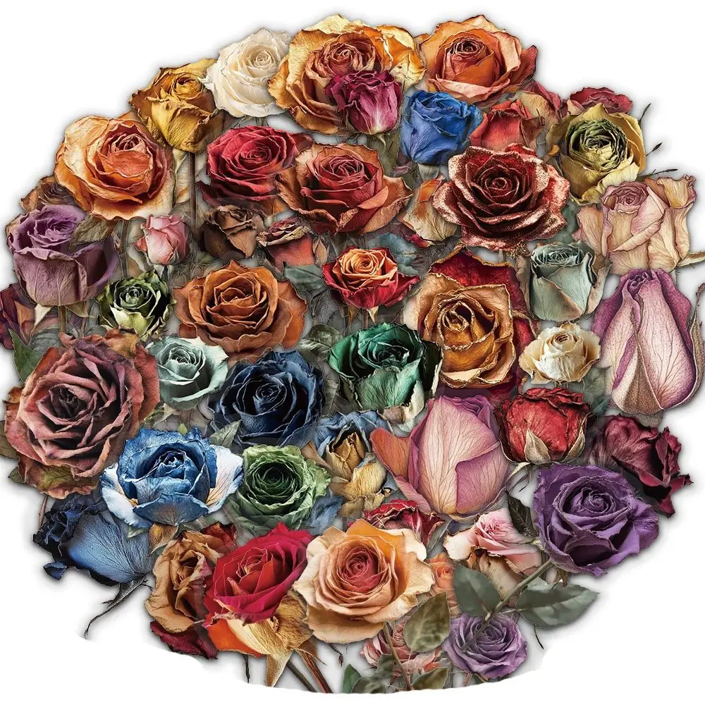 

50PCS PET Dried Rose Stickers Retro Design Removable DIY Decorative Stickers Reusable Waterproof Flower Stickers