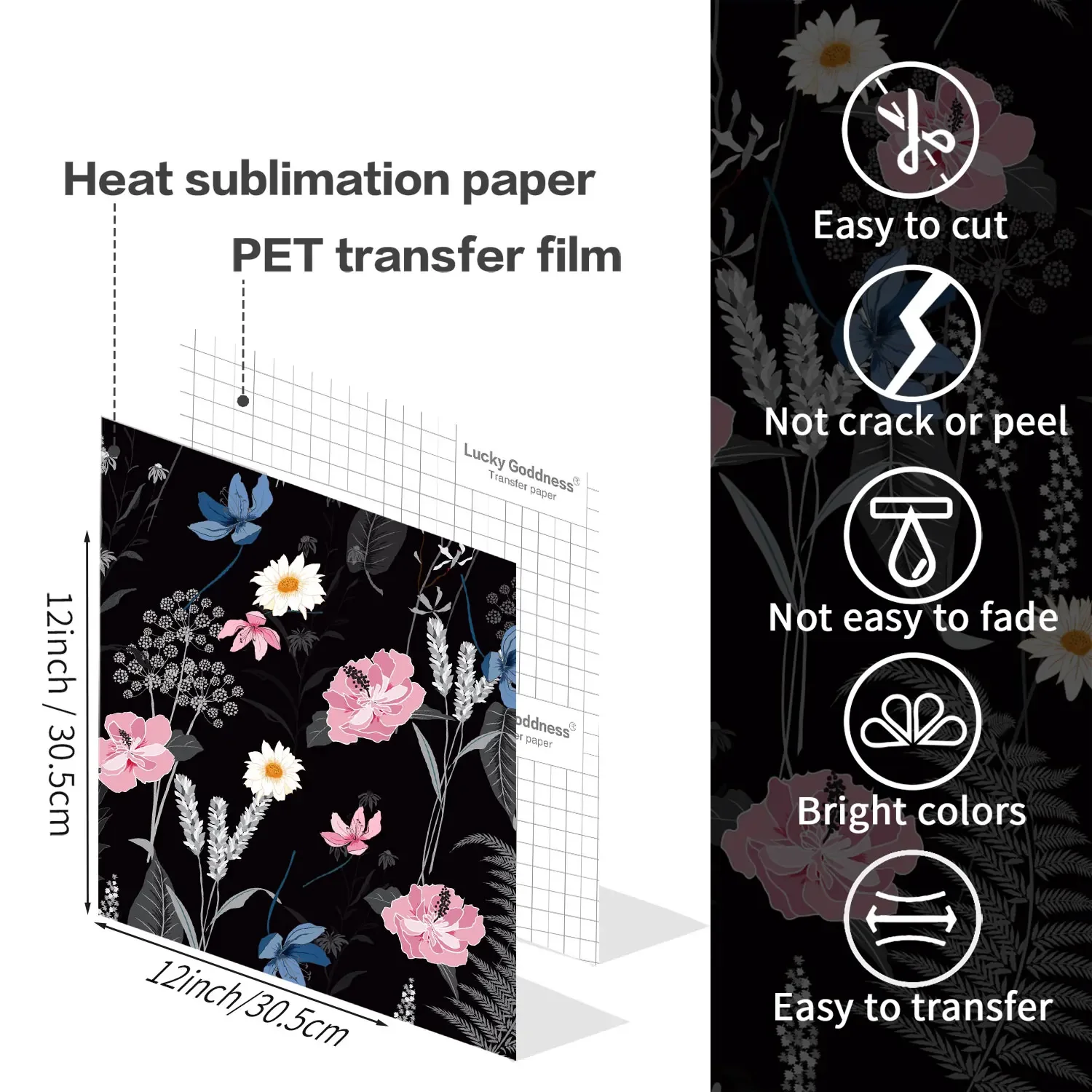 XFX 1 PCS Heat Transfer Paper Ink 12X12 IN Flowers Ink Transfer Vinyl Sublimation Transfer Paper Heat Press for Mug T-Shirt DIY