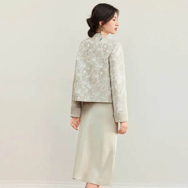 SENTUBILA Women's Dress Sets Chinese Style Turn-down Collar Coat Beaded Frogs Embossed Jacquard Jacket Slip Dresses 153ZB2636