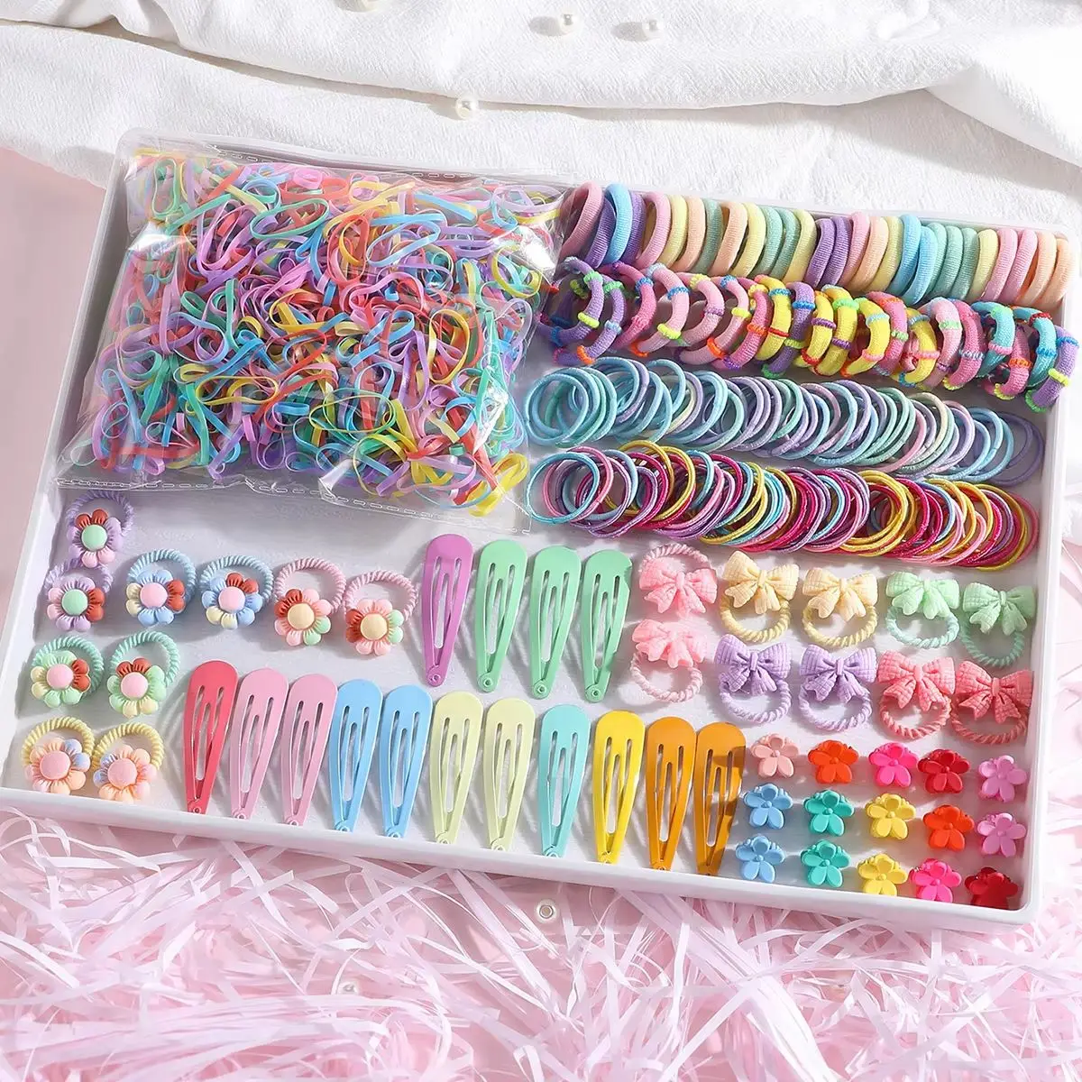 1200Pcs Girls Hair Accessories Set Flower Claw Clip Nylon Elastic Rubber Band Kids Ponytail Holder Scrunchies Headwear