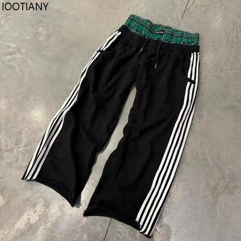 Y2k Retro Striped Women's Sports Pants Harajuku Splicing Korean Fashion Loose Straight Pants Street High Waist Hip Hop Pants