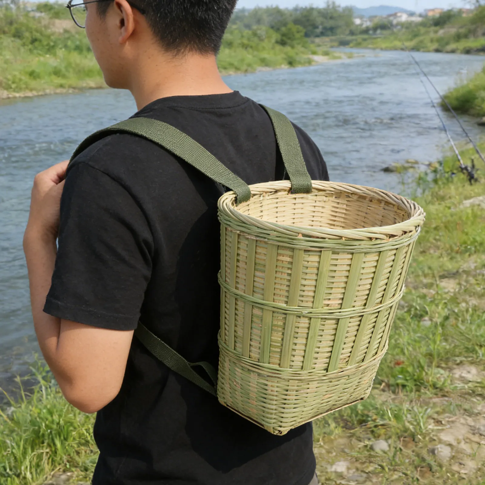 

Bamboo Double Shoulder Woven Backpack Multipurpose Fishing Basket Hiking Picnic Carrying Storage Basket with Handles
