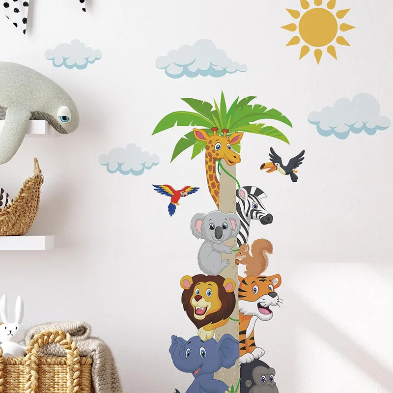 `Cartoon Jungle Animal Height Chart Wall Sticker Giraffe Lion Elephant Zebra Vinyl Decal Kids Nursery Baby Room Growth Measure M