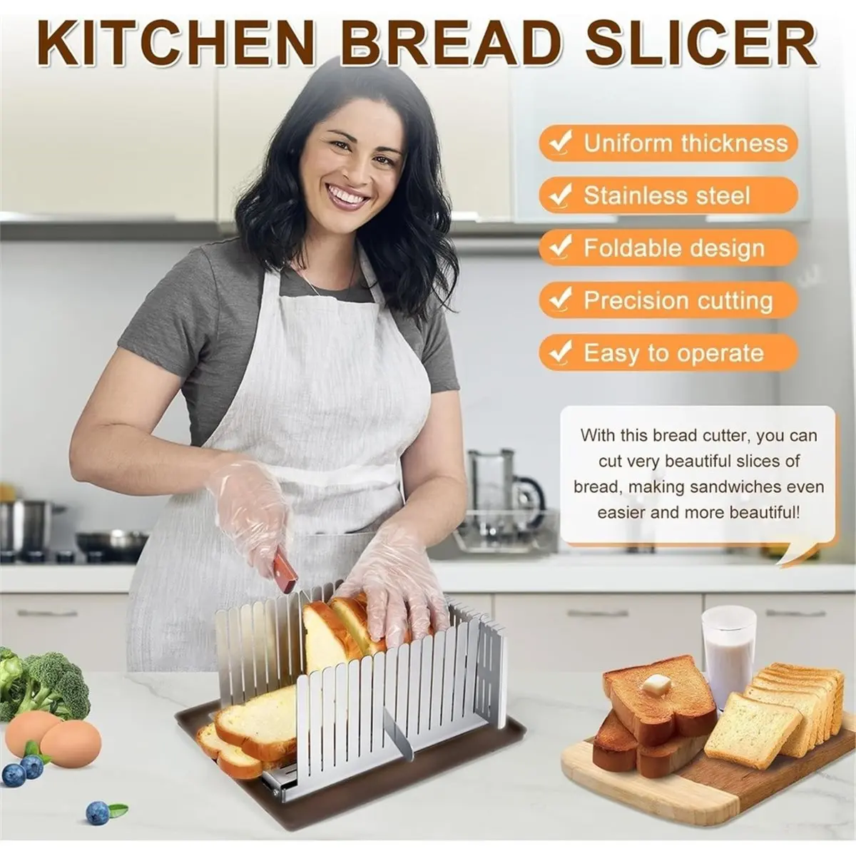 Stainless Steel Bread Slicer,Adjustable Width 5.5-8.3 Inches for Homemade Bread Sourdough Bagels Cakes,0.5 in EvenSlices