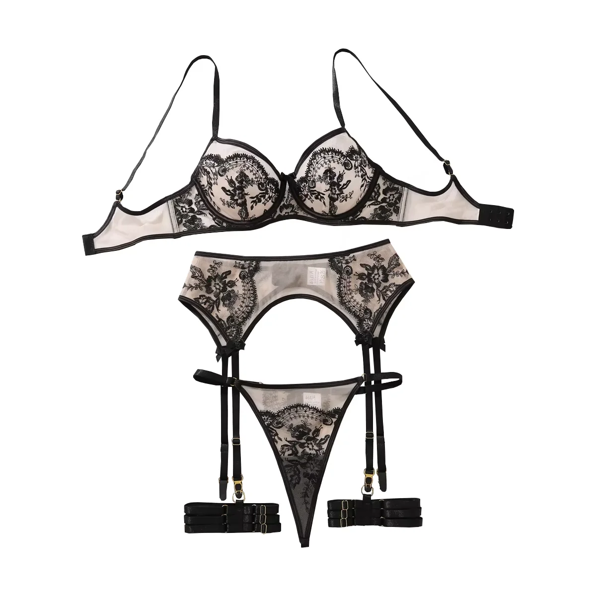 AVELINE New 4-piece Women's Flower Embroidery Lingerie Set Pure Color Mesh Sheer Panty Set