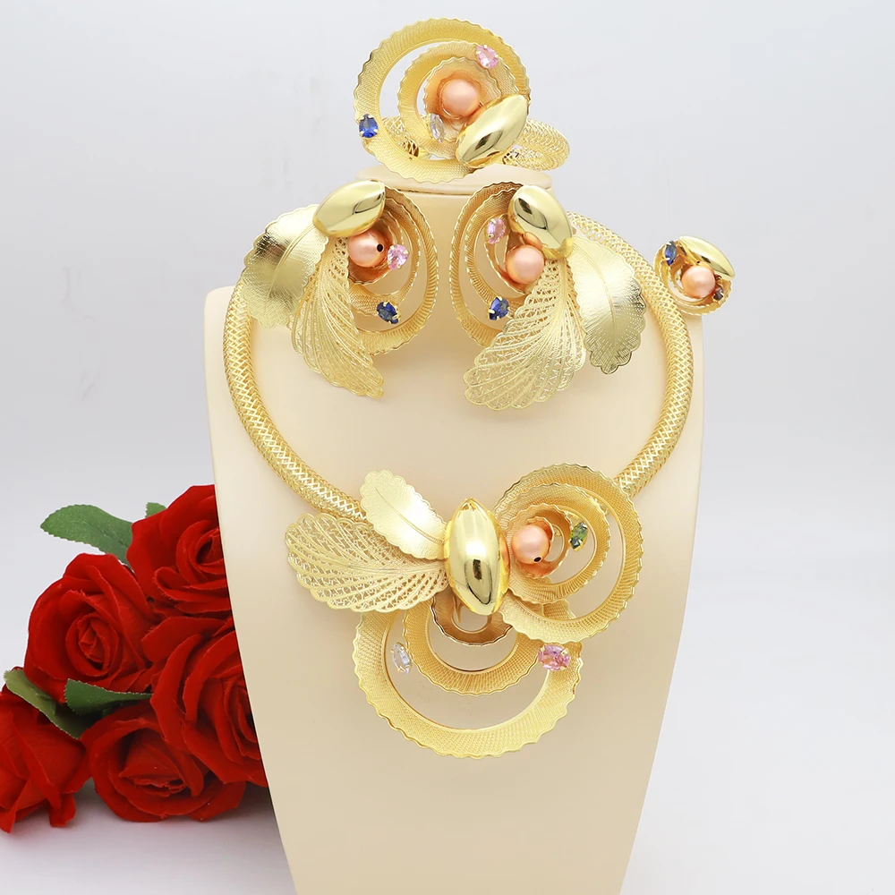 

Dubai Gold Plated Jewelry Sets For Women Brazilian Original Handmade Trend Earrings Rings Wedding Banquet Jewelry Free Shipping