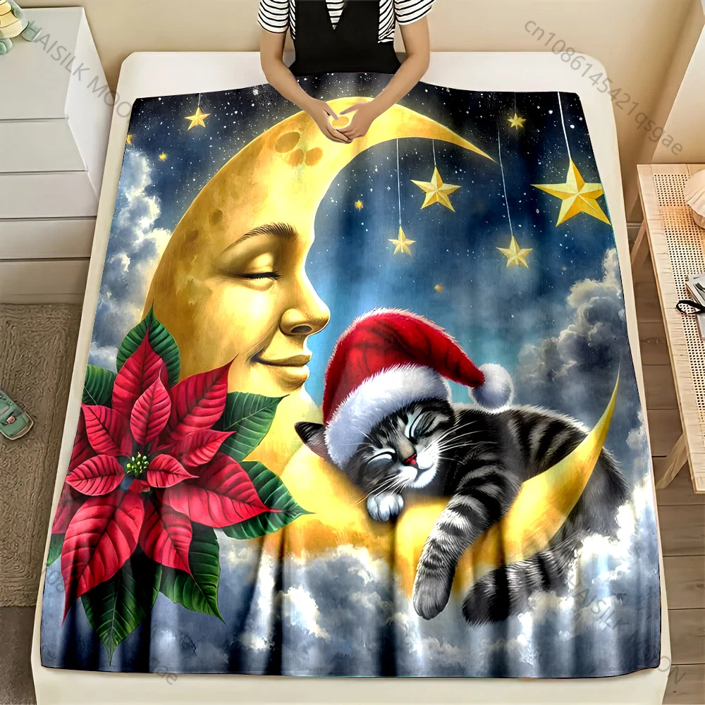1PC Moon, Stars, Cat, Poinsettia, Clouds Pattern Blanket Flannel Material Soft Warm for All Seasons,For Home Camping Picnics RV
