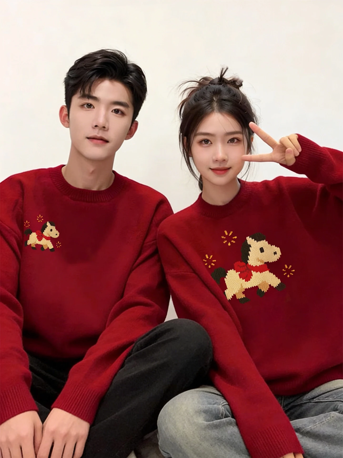 

Парные свитера для осени и зимы, красные, вязаные, для мужчин и женщин, повседневные, из полиэфирного волокна, с длинным рукавом, круглым вырезом