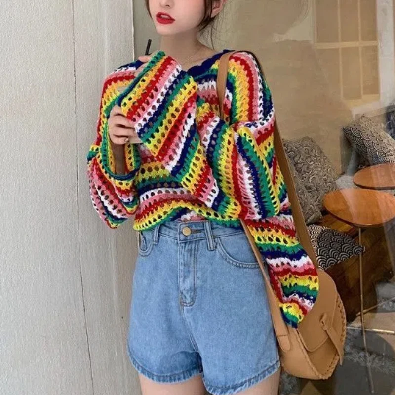 Sweet Young Style Summer New Women\'s O-Neck Rainbow Stripes Hole Hollow Out Korean Fashion Casual Long Sleeve Loose Knitted Tops