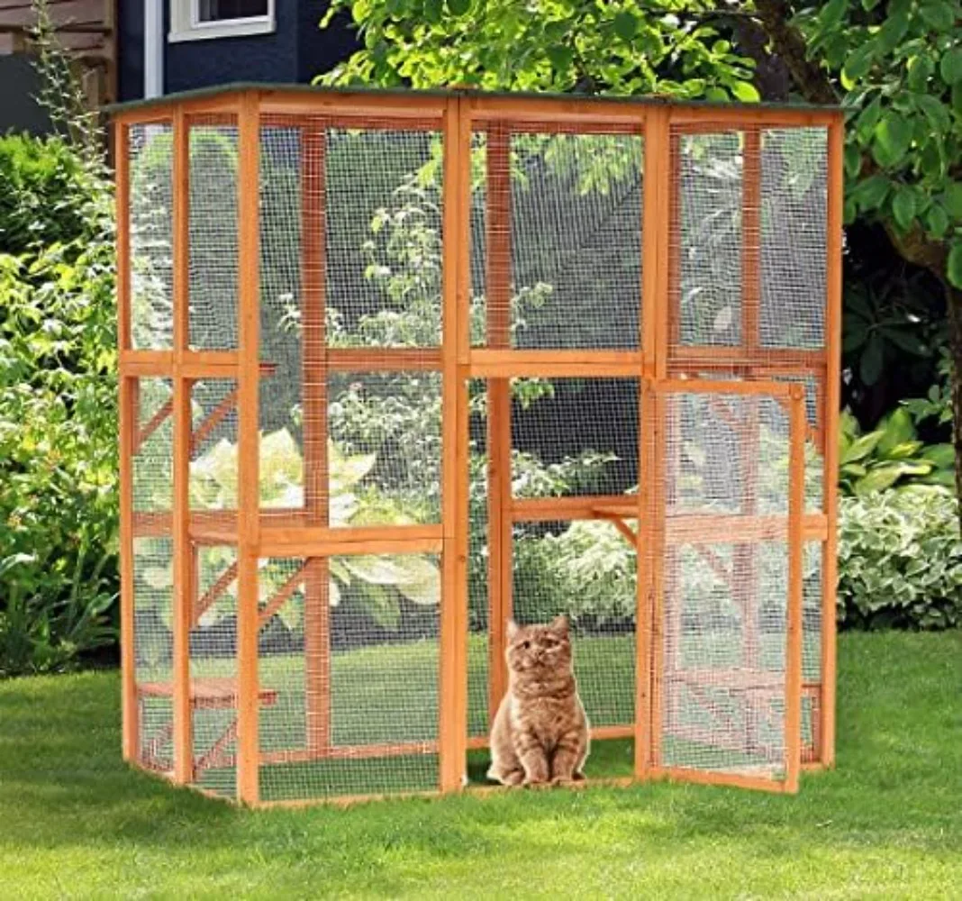 Outdoor Cat House Big Catio Wooden Feral Cat Shelter Enclosure with Large Spacious Interior 6 High Ledges Weather Protection