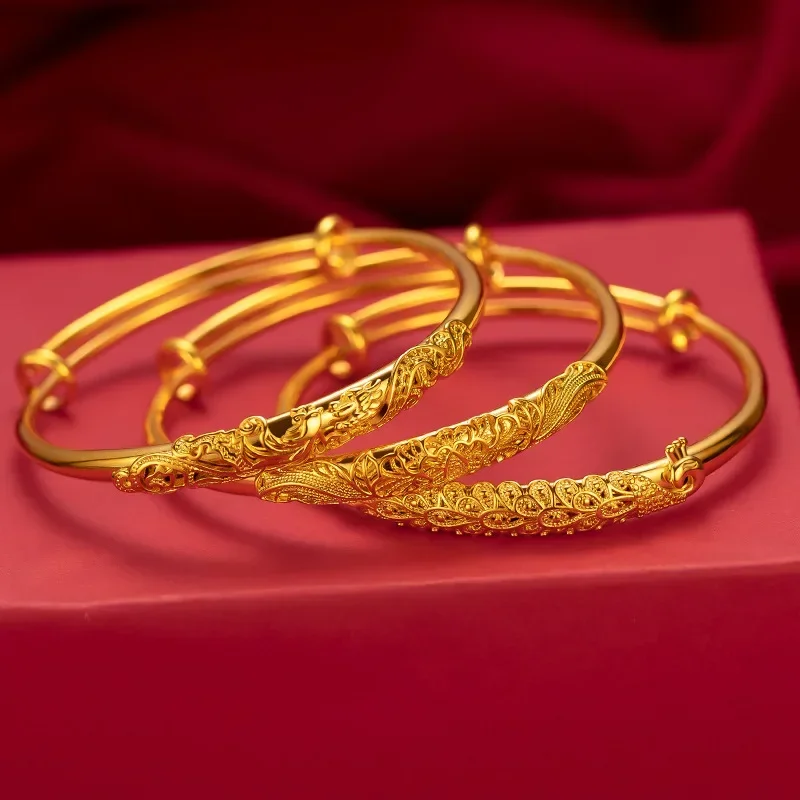 9999 Real Gold 24K Gold Women's Peacock Bracelet Bridal Wedding Peacock Push-pull Bracelet Dragon and Phoenix Bracelet