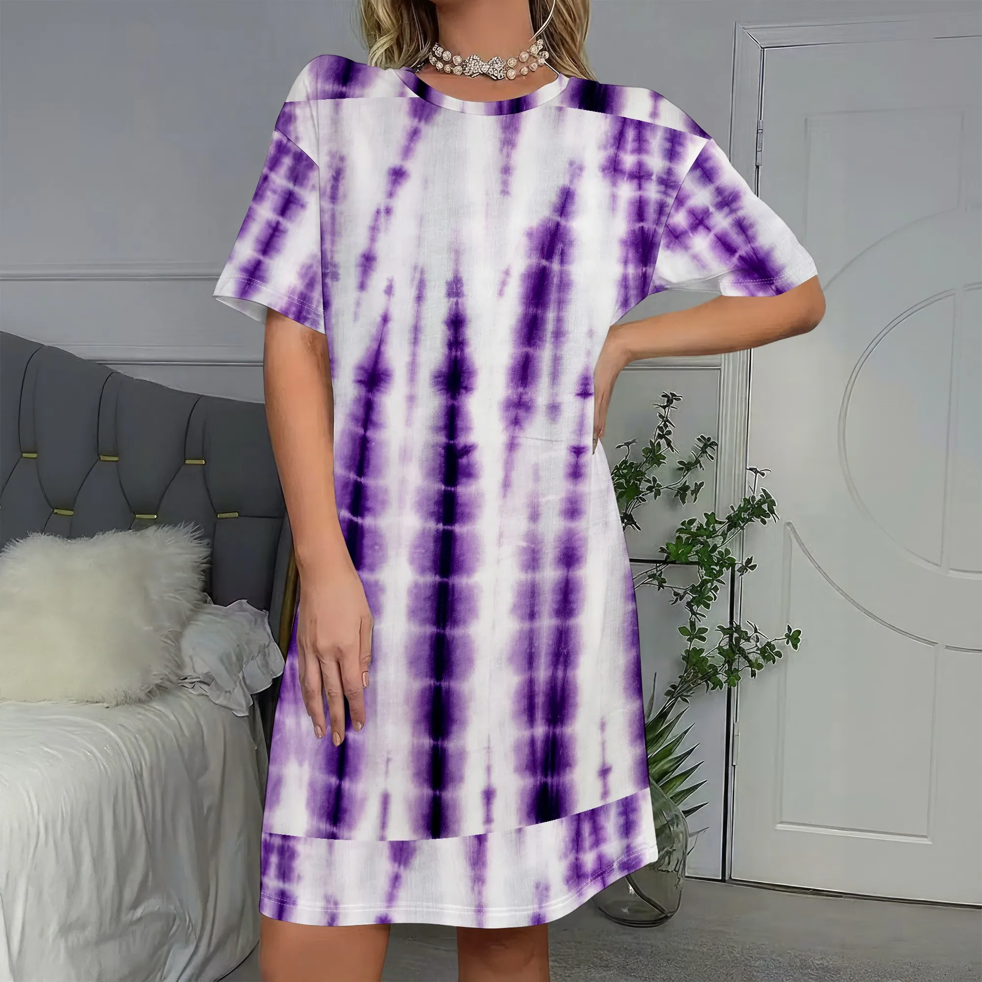 

Purple Tie Dye, Short Sleeve Dress, Oversized Tunic, Casual Summer Wear, Beach Loungewear, S-2XL