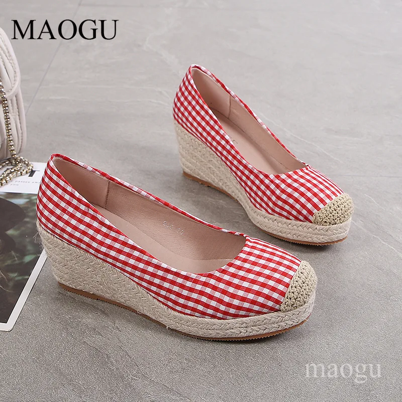 Women's Plaid Espadrille Wedge Sandals Round Crochet Toe 7CM Hidden Height Platform Casual Pumps Comfort Slip-on Shoes Size 42