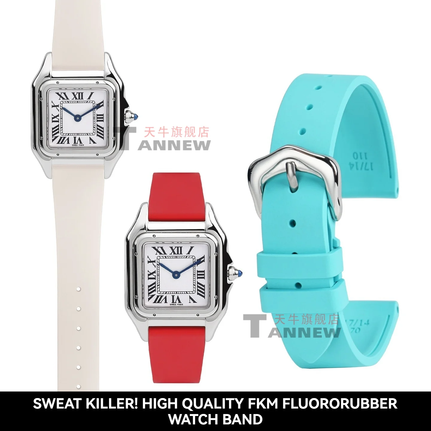 14-18mm Fluoroelastomer Strap for Cartier Tank,Santos Clé de Cartier London Soft Dust-Repellent Replacement Watchband for Women